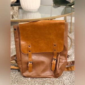 Brown Faux Leather Laptop Backpack